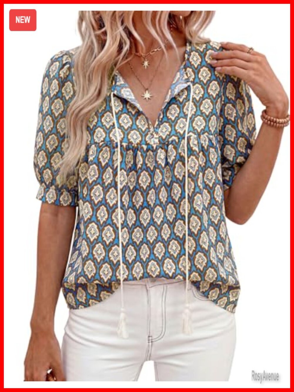 Womens Boho V Neck Tie Front Puff Sleeve Blouse Short Sleeve Summer Lightweight